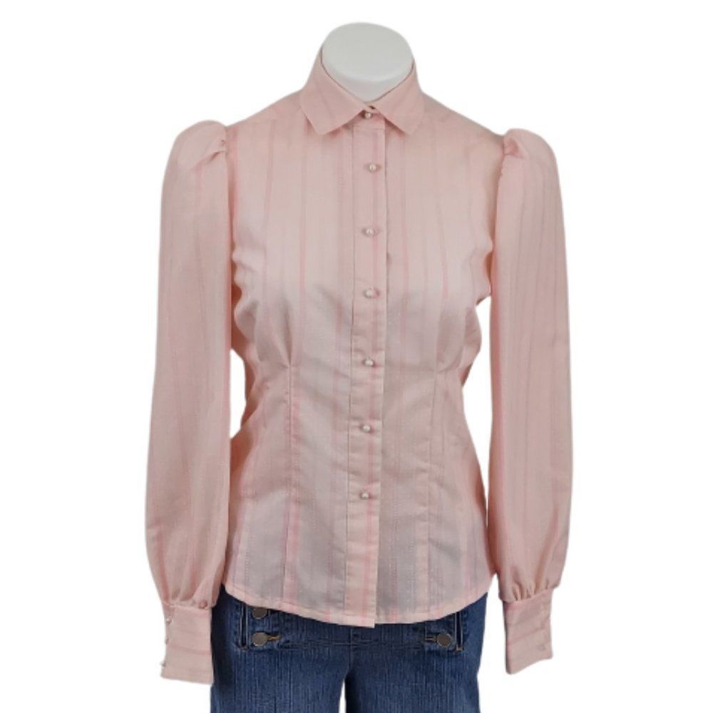 Vintage Homemade Pink Striped Puffed Sleeve Button up Blouse